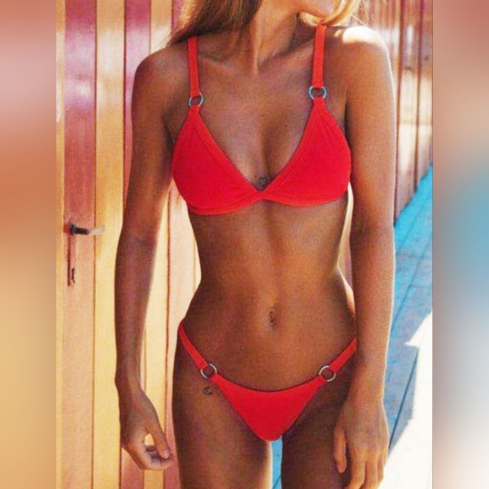 Solid Color Ring Detail Bikini Set Red Yellow Black Royal Blue You Choose Color